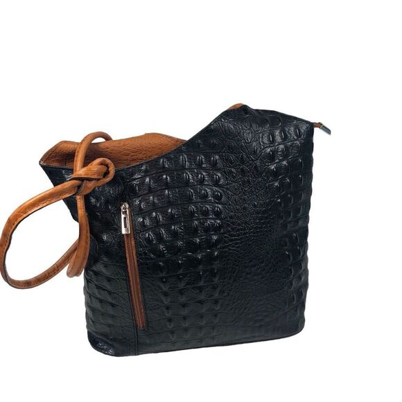 Moda In Pelle Purse Womens Black Ostrich Pattern Italian Leather Tote Backpack - Picture 14 of 16